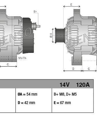 DENSO DAN997 | Alternatör 12V 120A Klimalı (Fiat: Doblo 1.3 JTD 05-Fiorino 1.3 D Mjt 07-Grande Punto 1.3 Mtj 05-Panda 1.3 D Mjt 12-/ Citroen: Nemo 1.3Hdı 10-/ Peugeot: Bipper 1.3 10-Alfa Romeo: Mıto 1.3 Mtj 09-18)